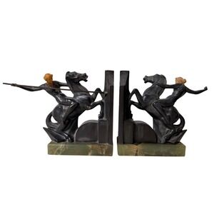 Vintage Art Deco Amazon Huntress Horseback Bookends Green Onyx Marble Base Pair